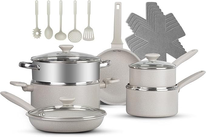 20 Piece Beige Speckle Nonstick Cookware Set Pots Pans and Bakeware Complete Set